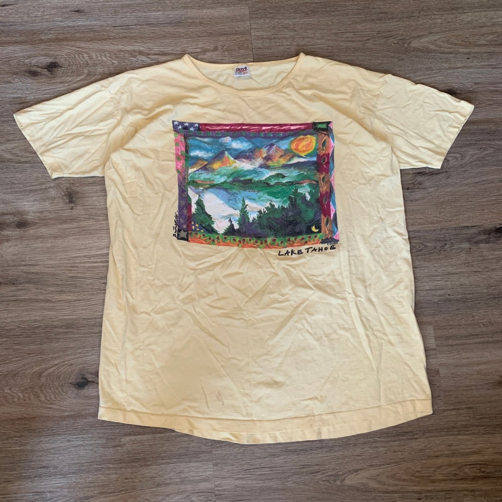 Vintage 80s Anvil Lake Tahoe Graphic T-Shirt Yellow Single Stitch Made in USA